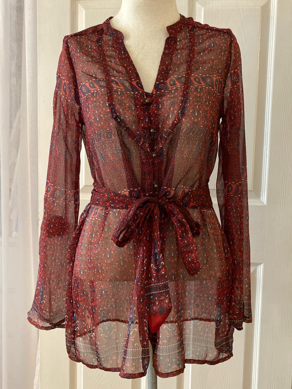 Sheer Paisley Tie Waist Blouse Size Small Penny Lane 60s 70s Vintage Style